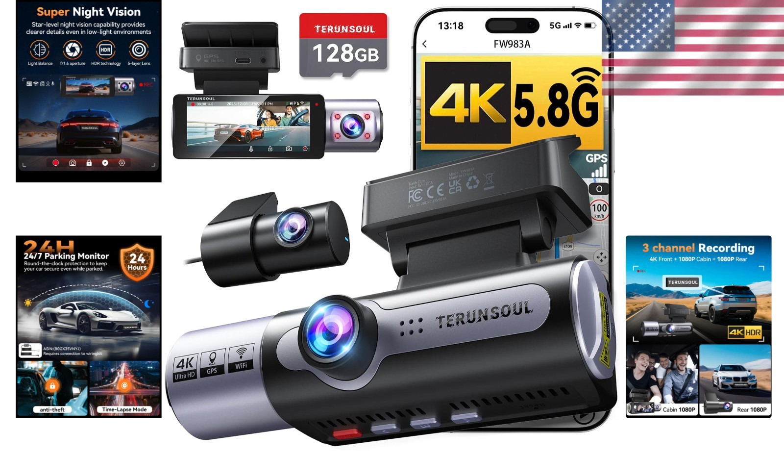 Advanced 4K Dash Cam with Collision Sensor, GPS & Starlight Night Vision – Black