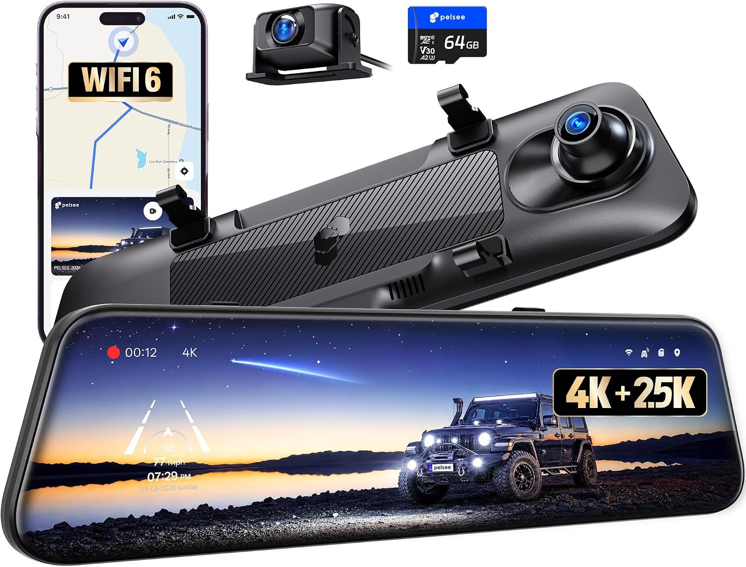 S12 Native 4K + 2.5K Mirror Dash Cam, 64GB Card Included, GPS | 8MP Starlit Colo