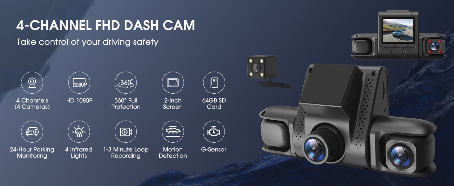 4 Channel Car Dash Cam 1080P HD Camera w/Screen Parking Monitor Motion Detection