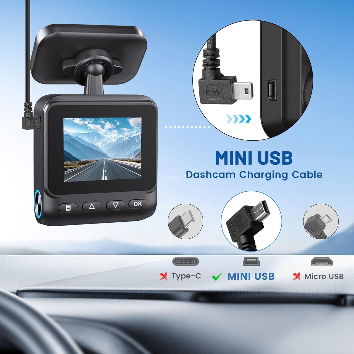 Car Dashcam Mini USB Charging Cable 13FT Right Angle for Rexing V1 V1P Pro V5 V3