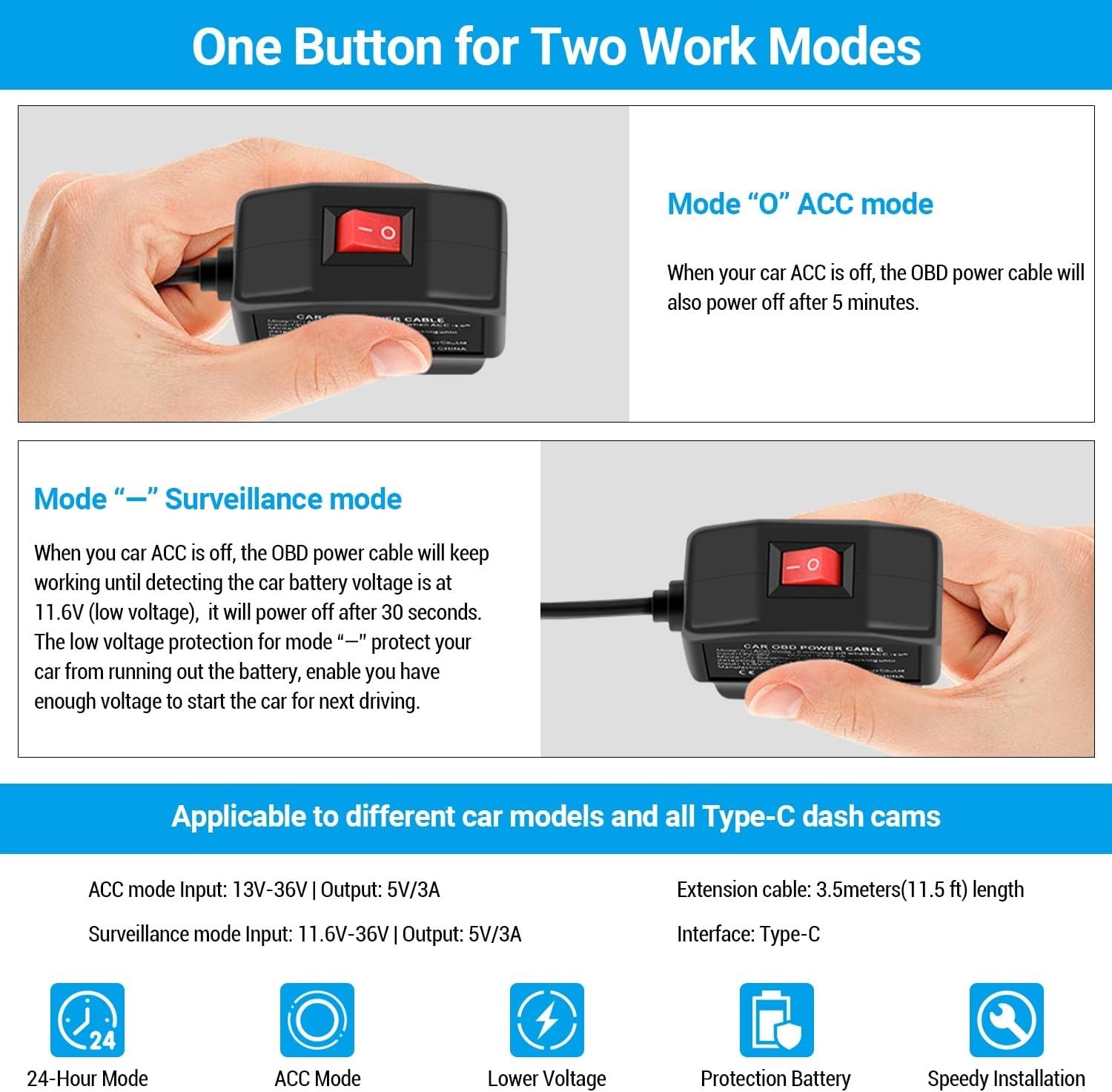Upgraded Type-C OBD Power Cable for Dash Cameras – 24HR Surveillance Mode