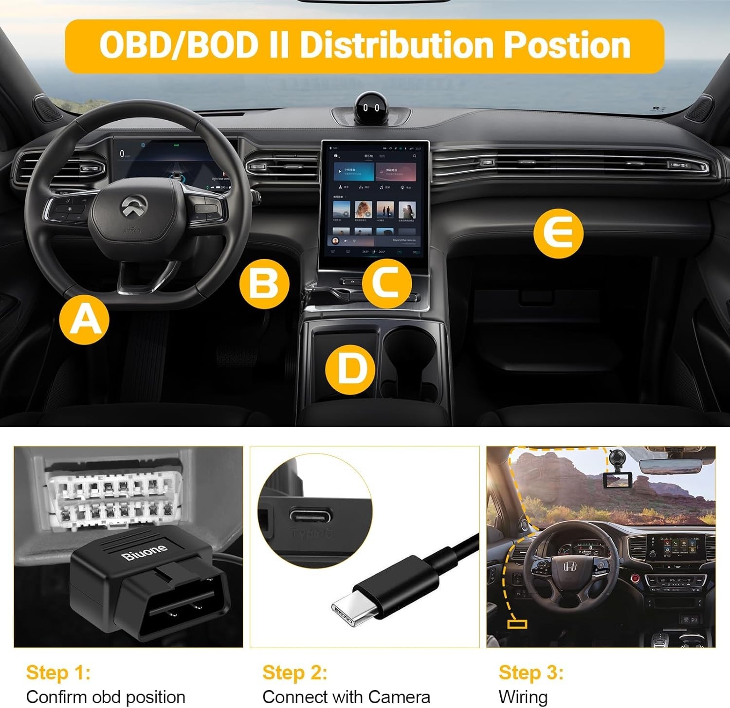 OBD Power Cable for Dash Cameras – 24/7 Surveillance Mode, Type-C Port, 11.5 Ft