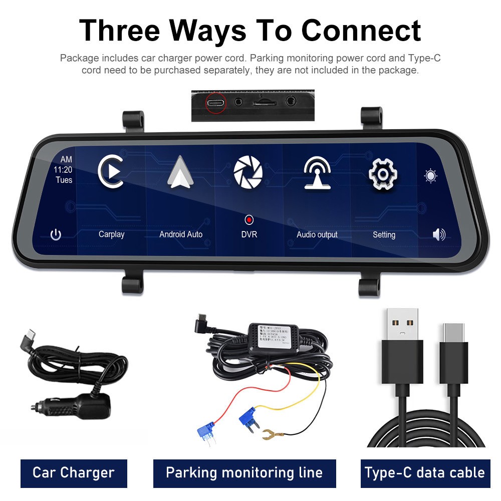 Front Rear View Mirror Dash Cam 9.66 Inch IPS Touch Screen Carplay 64GB Car DVR