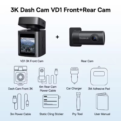 Baseus VD1 3K Dash Cam Front Rear GPS Car DVR Recorder 24H Parking Monitor
