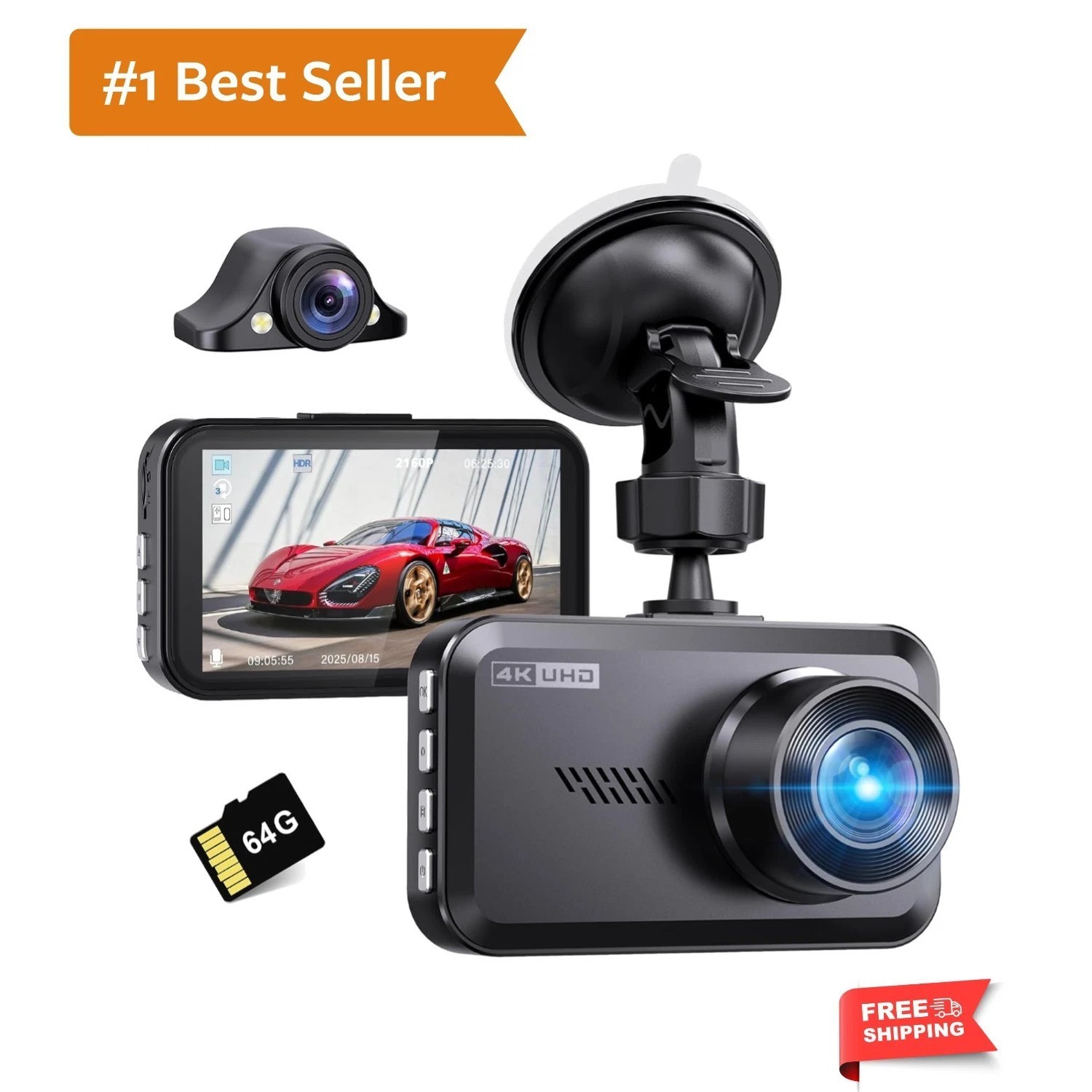 4K+2.5K Dash Cam Front and Rear,Free 64G SD Card,2160P+1600P UHD Dual Dash Ca…