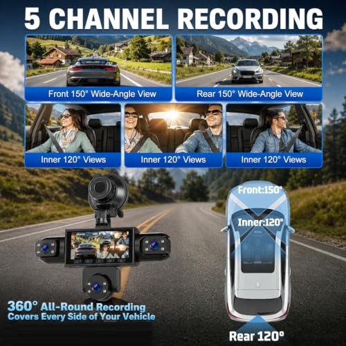 360 5 Channel Dash Cam Front Rear and Inside,3.16inch 1080P Car Camera | 360