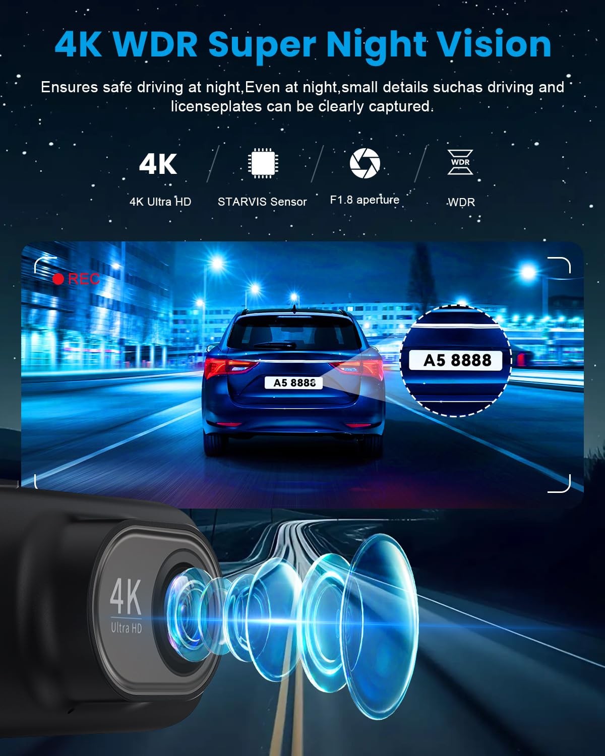 Dash Cam 4K Front, Ultra HD Dash Camera for Cars, 1.47”IPS Screen Mini Car C…