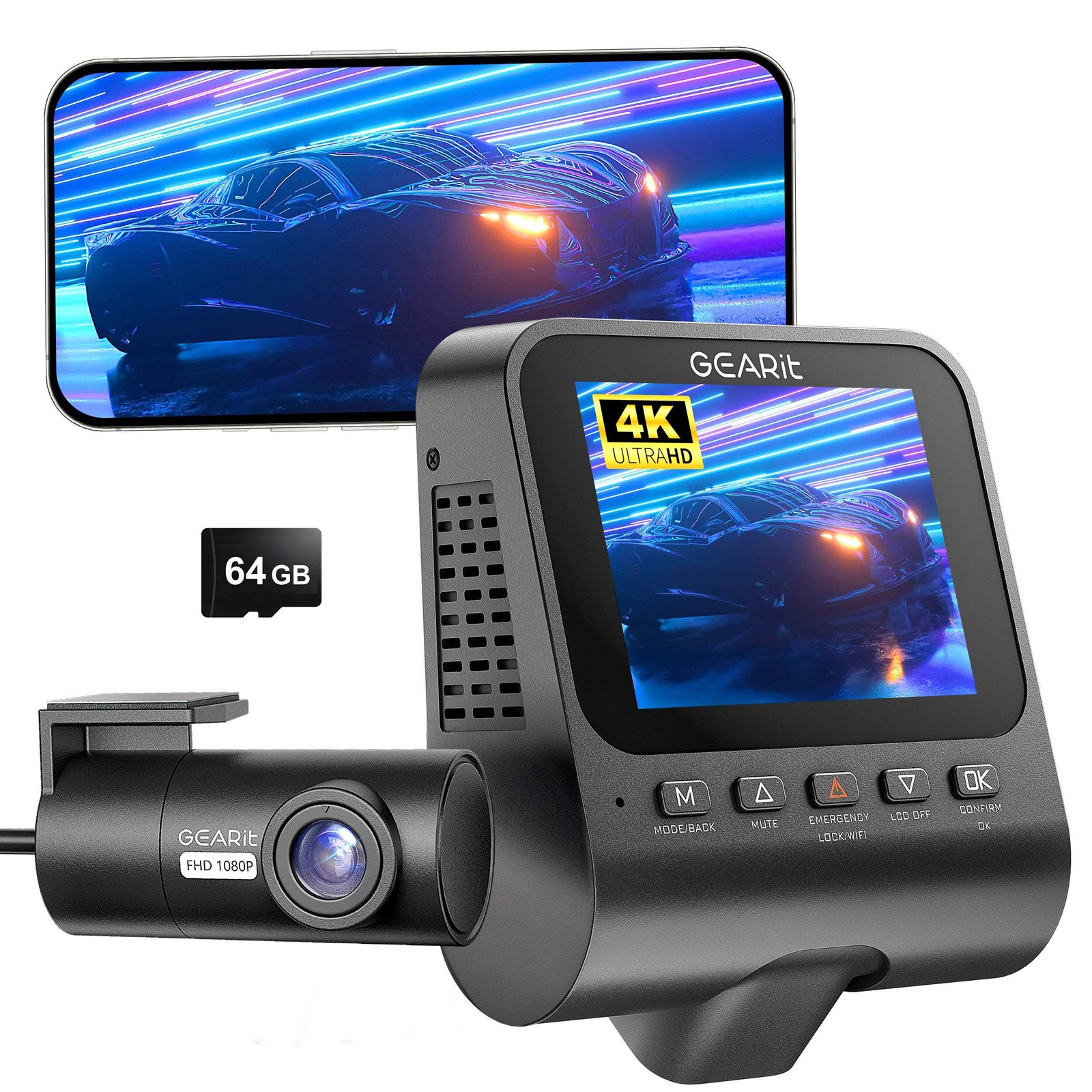 GEARit 4K Dash Cam Front & Rear with LCD Screen GPS Night Vision 64GB Included