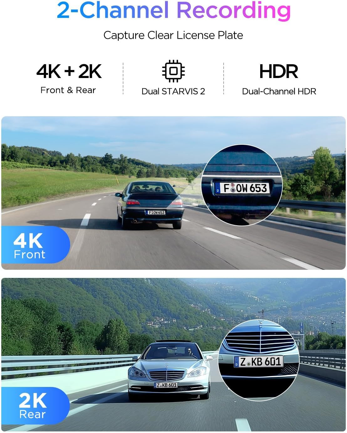 A329S 4K 60FPS Dash Cam Front and Rear, 4K+2K Dual Dash Camera for Cars, Power S