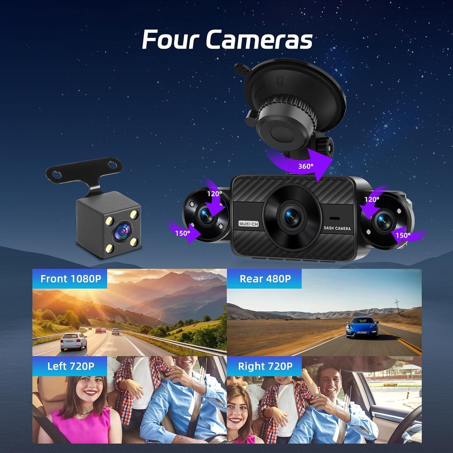 NHOPEEW Dash Cam Front and Rear Inside, 4 Channel Dash Cam 3″ IPS Screen Fron