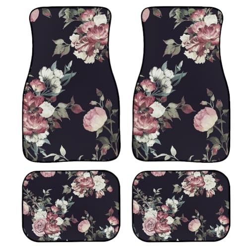 Floral Car Floor Mats Set, Seamless Floral Pattern with Roses Pink Black