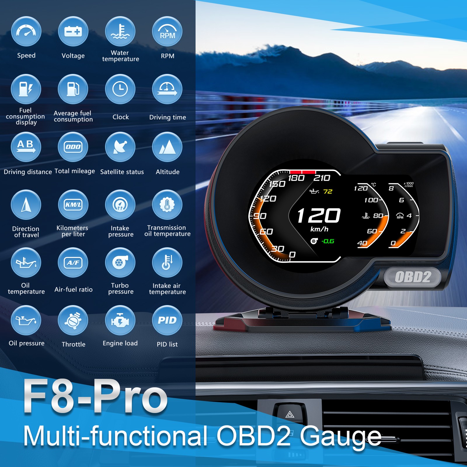 OBD-II HUD Head Up Display Car Alarm System For RPM Speedometer Features