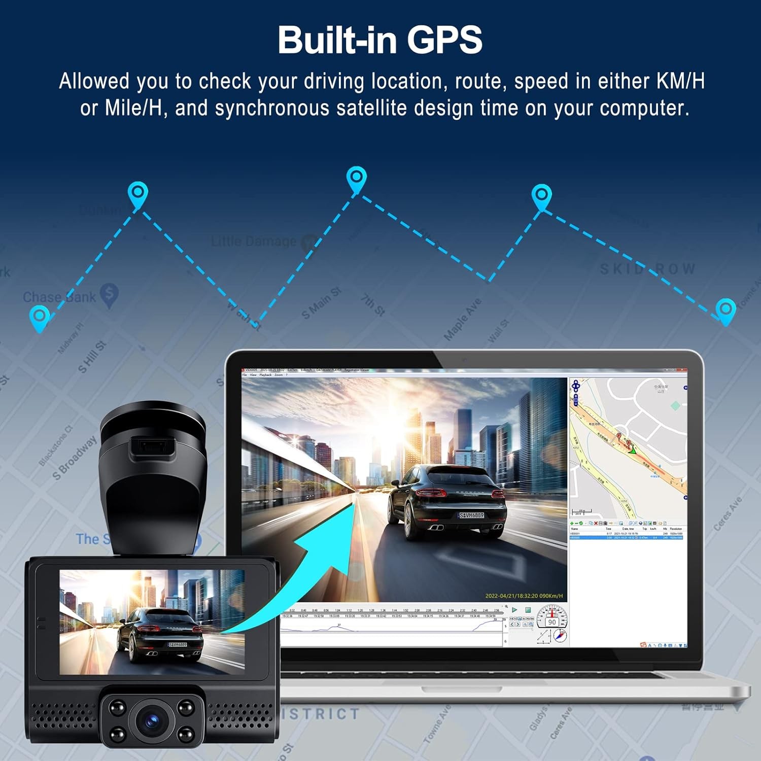 3 Channel 3 Lens GPS Dash Cam Front Inside Rear Car Camera 1080P IR Night Vision
