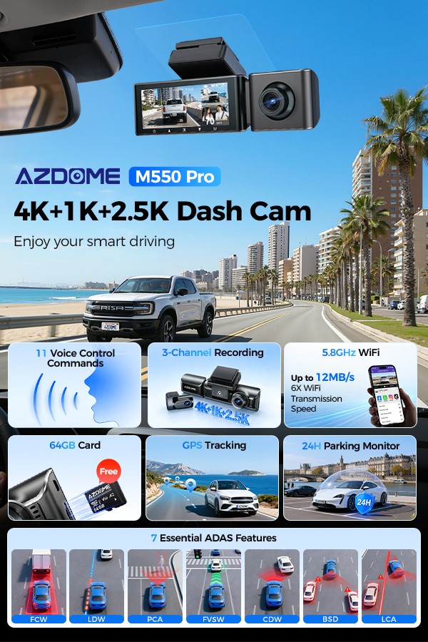AZDOME 3 camera Dash Cam for Car 5GHz WiFi GPS Dual 4K+1080P Parking Mode IPS