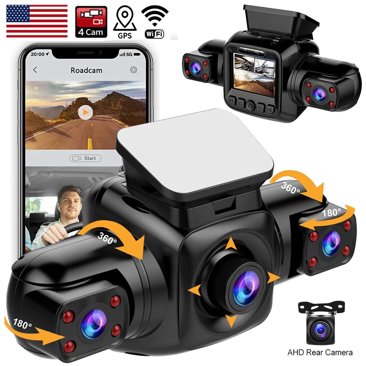 360°Dash Cam Recorder 4-Channel WiFi 1080P Car Camera DVR Vehicle Video G-Sensor
