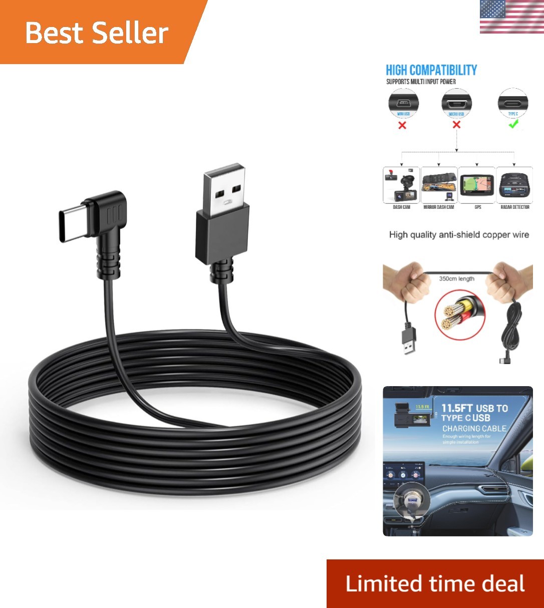 Dash Cam Cable for USB C Dash Cam,11.5FT L Angle Type C Adapter Dash Camera P…