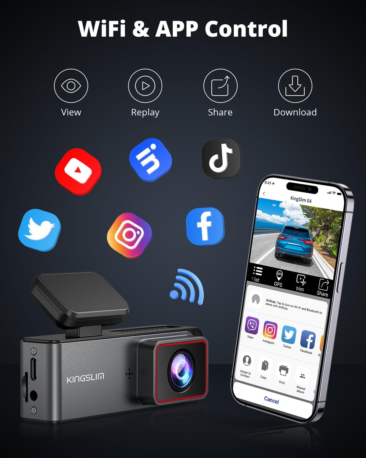 E4 4K Dash Cam Front and Rear, Wifi Front 4K Rear 1080P Dual Dash Camera for Car