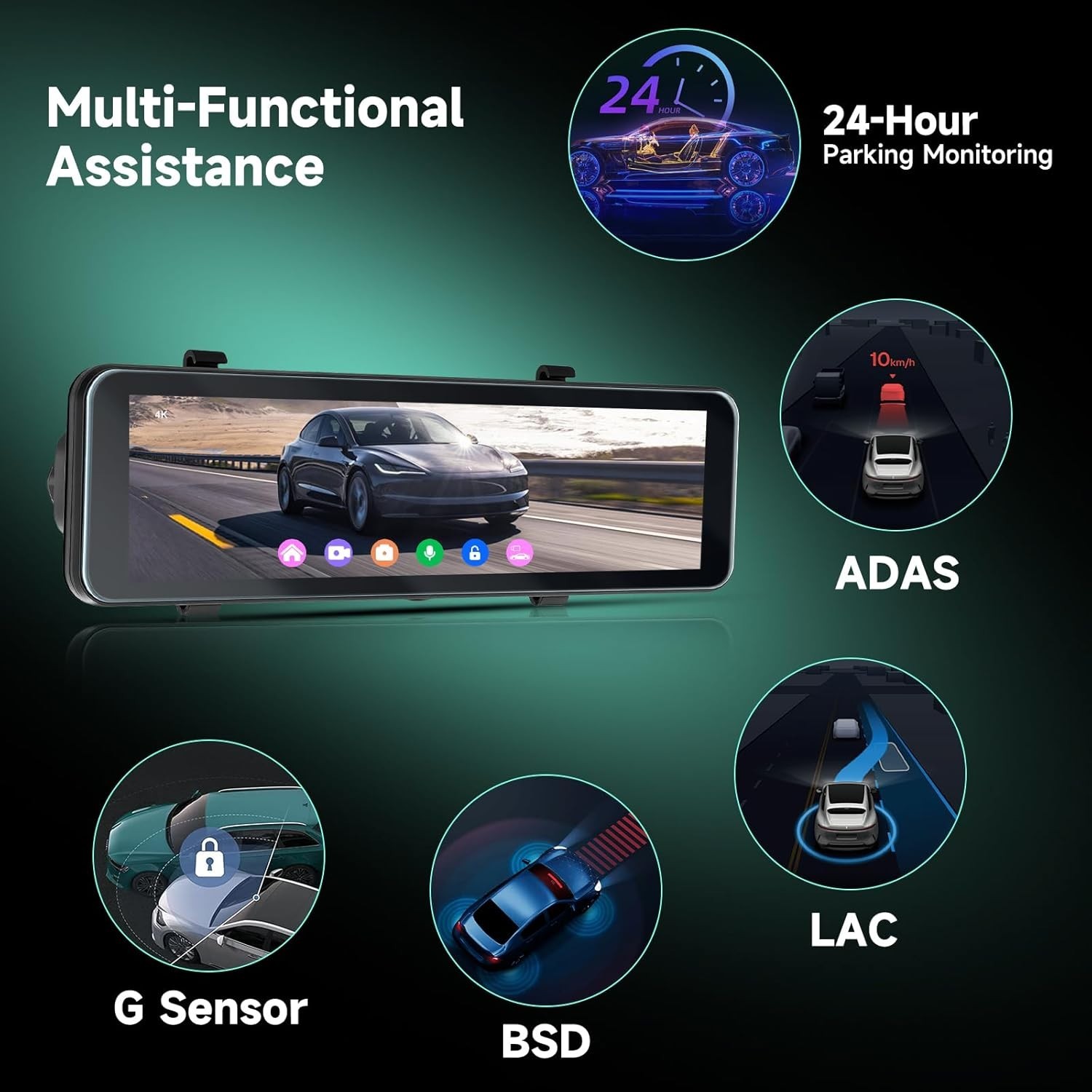 11″ 4K Rear View Mirror Front/Rear Dash-Cam, Wi-Fi/G-Sensor/Night Vision/