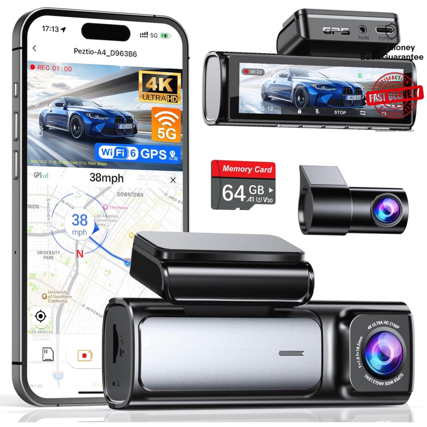 High-Definition 4K+2.5K Dual Dash Cam – 5G WiFi 6, GPS, 24H Monitoring included
