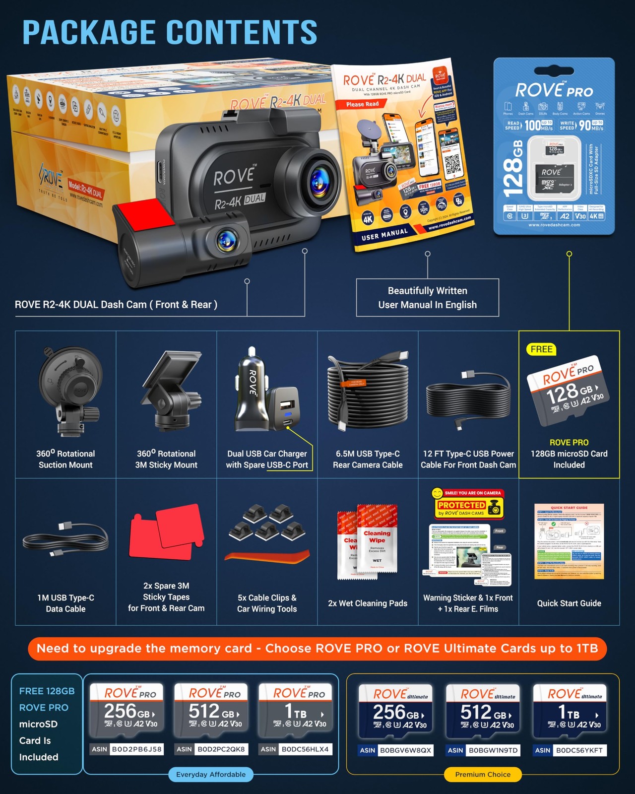 R2-4K Dual Dash Cam Front and Rear, SRTARVIS 2 Sensor, Free 128GB Card