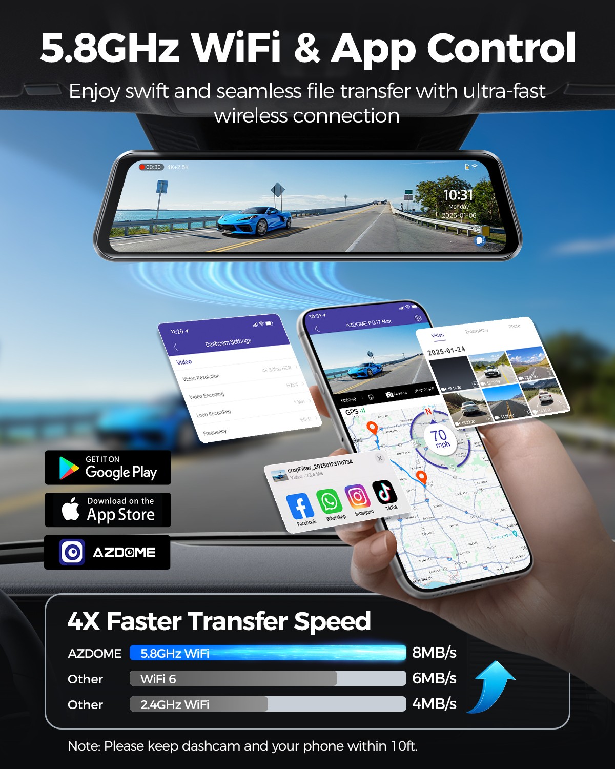 AZDOME 12″ 2CH 4K+2.5K Rearview Mirror Dash Cam 5GWiFi GPS Parkmode&Hardwire Kit