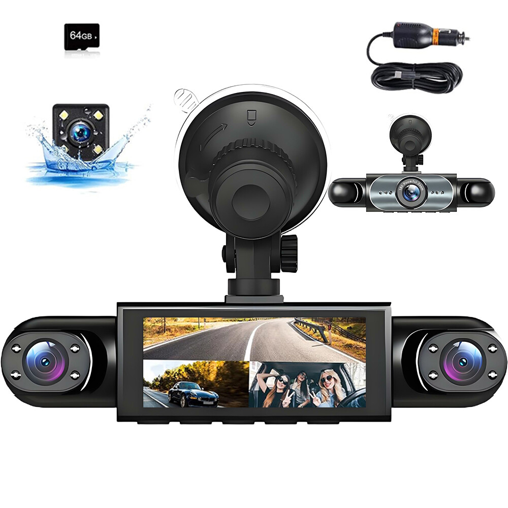 HD 1080P 360° Dash Cam 4 Channel Driving Recorder Car Front+Rear Camera +64GB