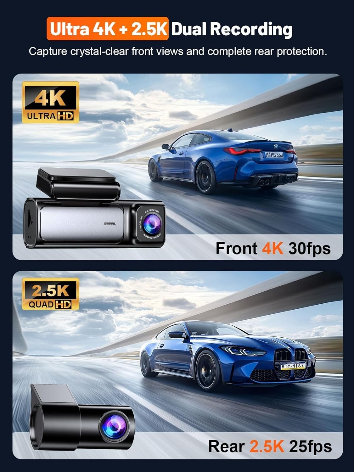 Complete 4K+2.5K Dash Cam System with 3.59″ IPS Screen & Seamless Loop Recording