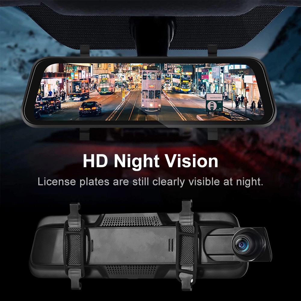 Front Rear View Mirror Dash Cam 9.66 Inch IPS Touch Screen Carplay 64GB Car DVR