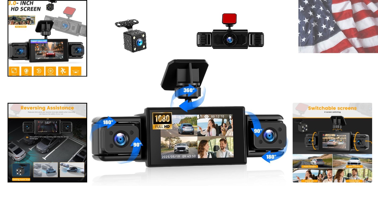 Dash Cam 3 Inch 1080P 4 Channel Dash Camera for Cars with Driving Loop Record…