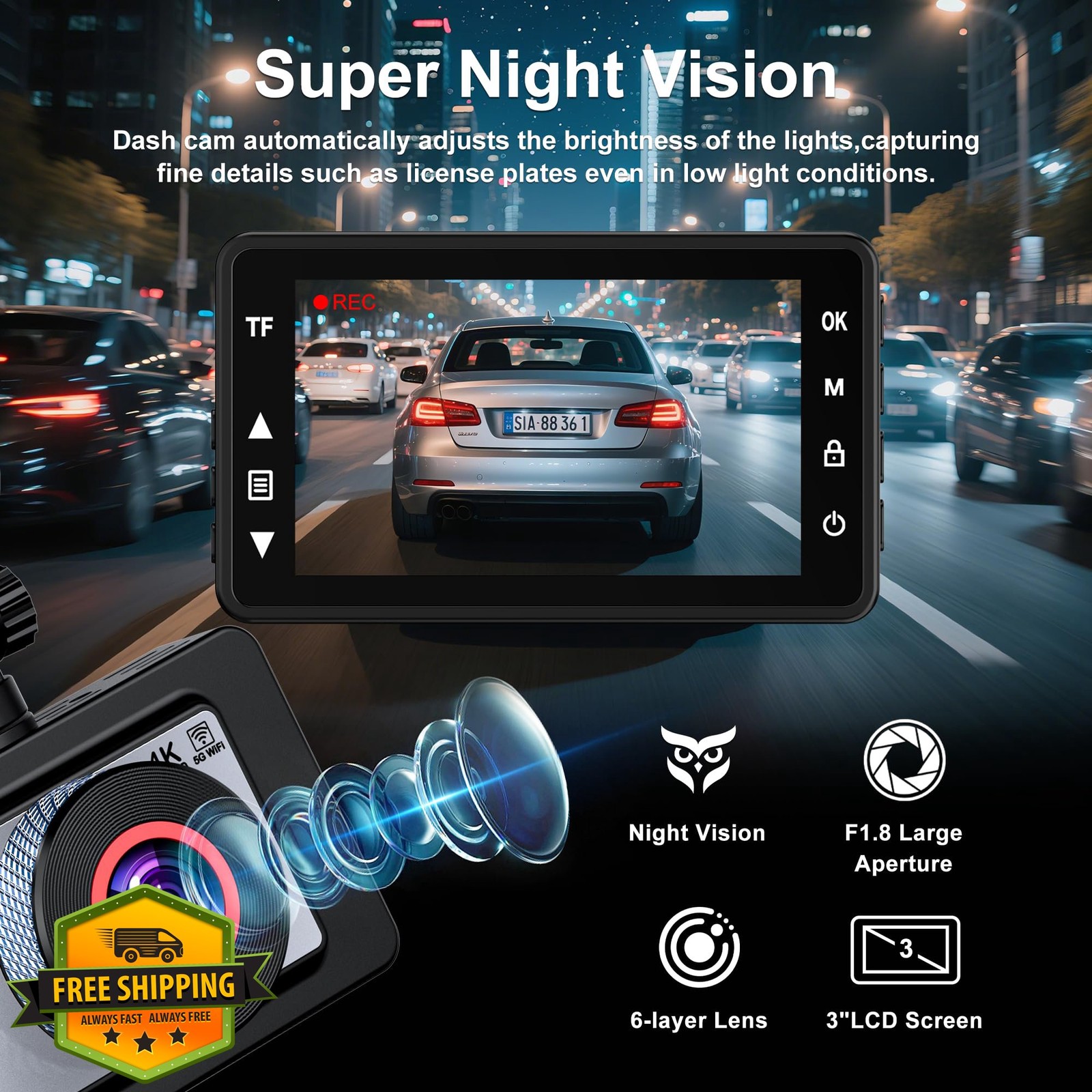 Diamond Lark 4K Dash Cam Front Rear 64GB WiFi APP Control