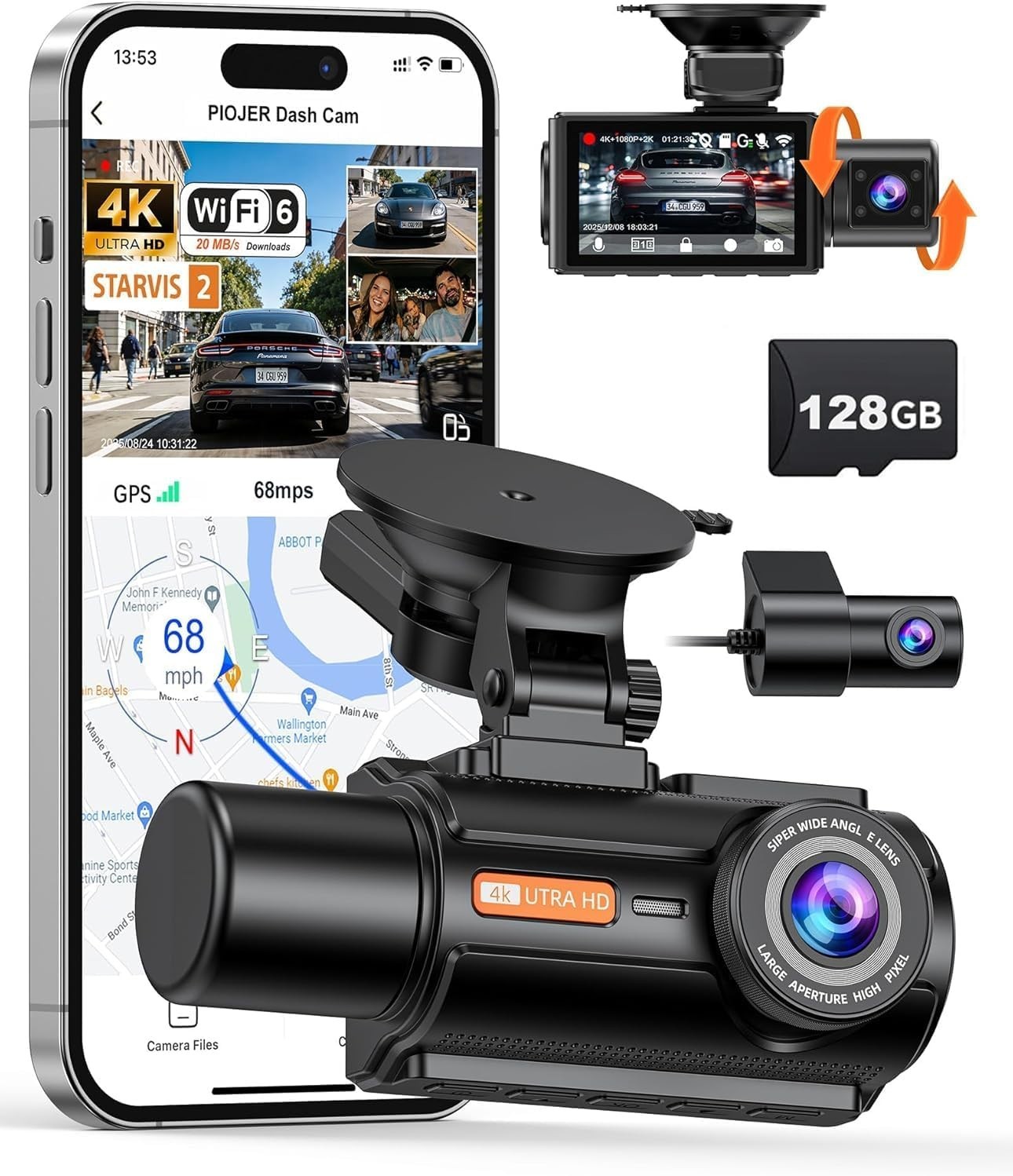 3 Channel 4K Dash Cam with STARVIS 2 Sensor Free 128GB Card WiFi 6 up to 20MB/s