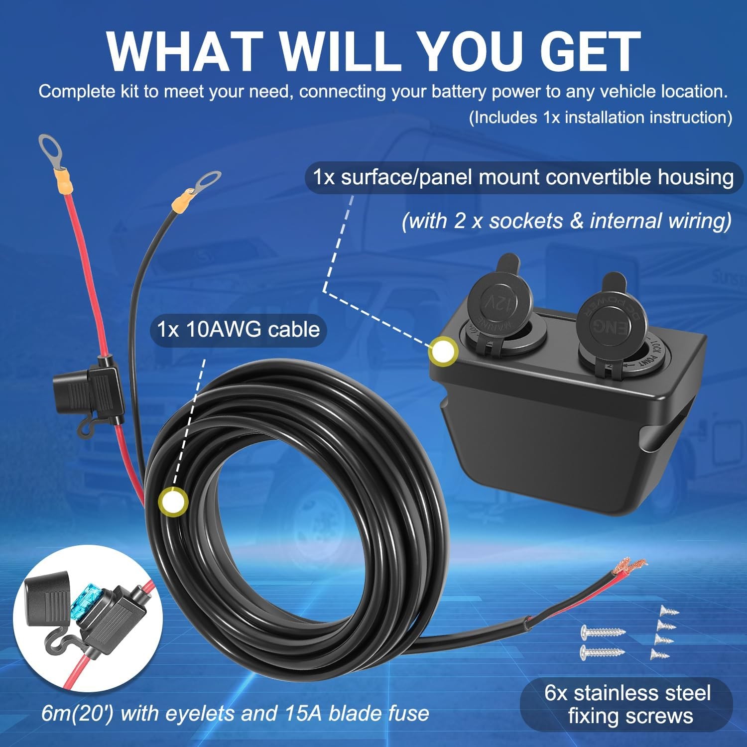 For Dometic HWK-DC Hardwiring Kit Two Power Outlets w/Standard and Threaded