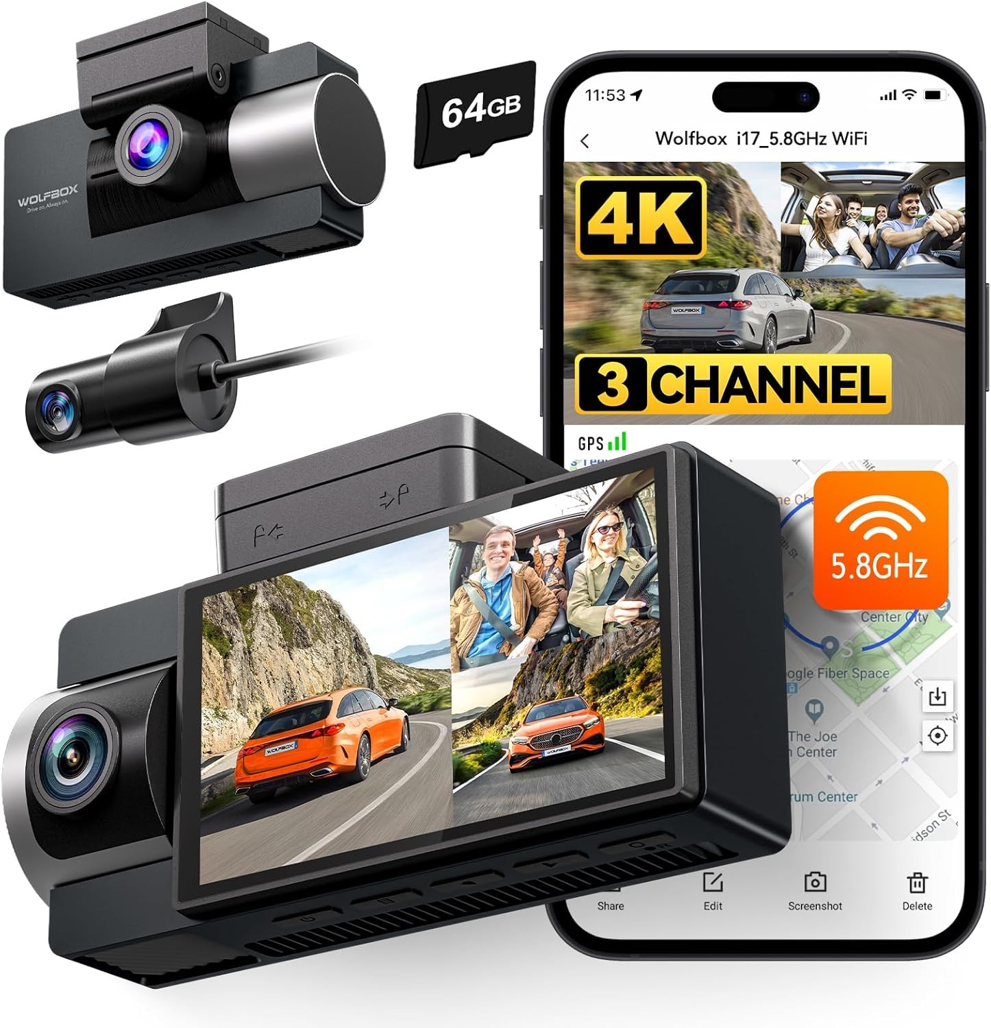 WOLFBOX i17 4K 3 Channel Dash Cam Built in 5.8GHz WiFi