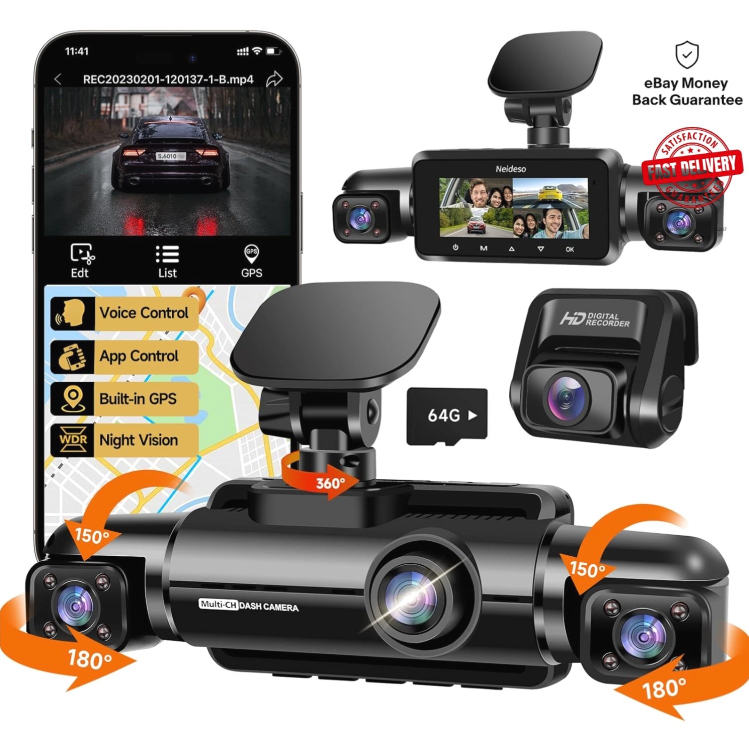 4 Channel N300 Dash Cam with 360° Coverage, Night Vision & Voice Control – 64GB