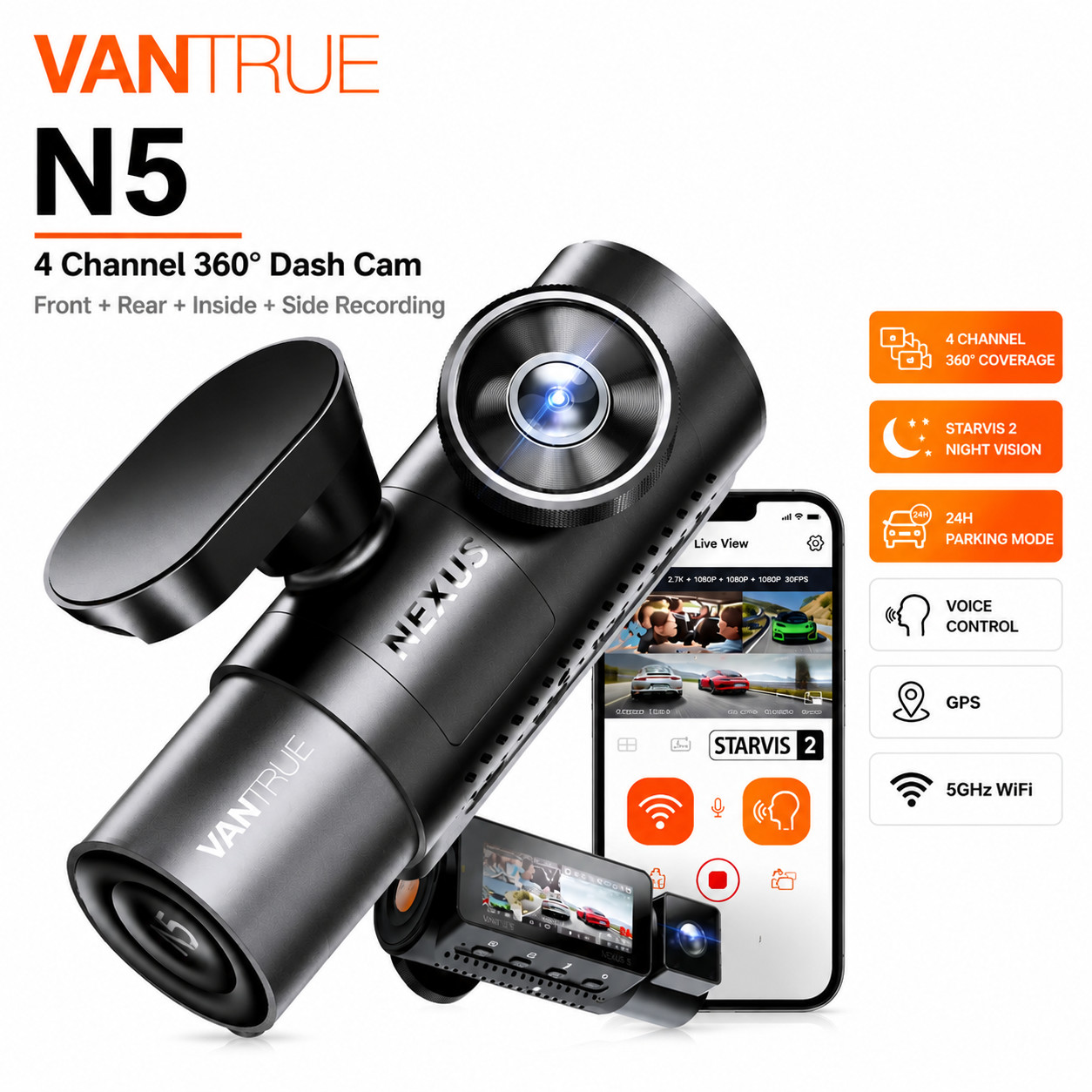 Vantrue N5 4 Channel 360° Dash Cam 4K Front Rear Inside WiFi GPS Parking Mode