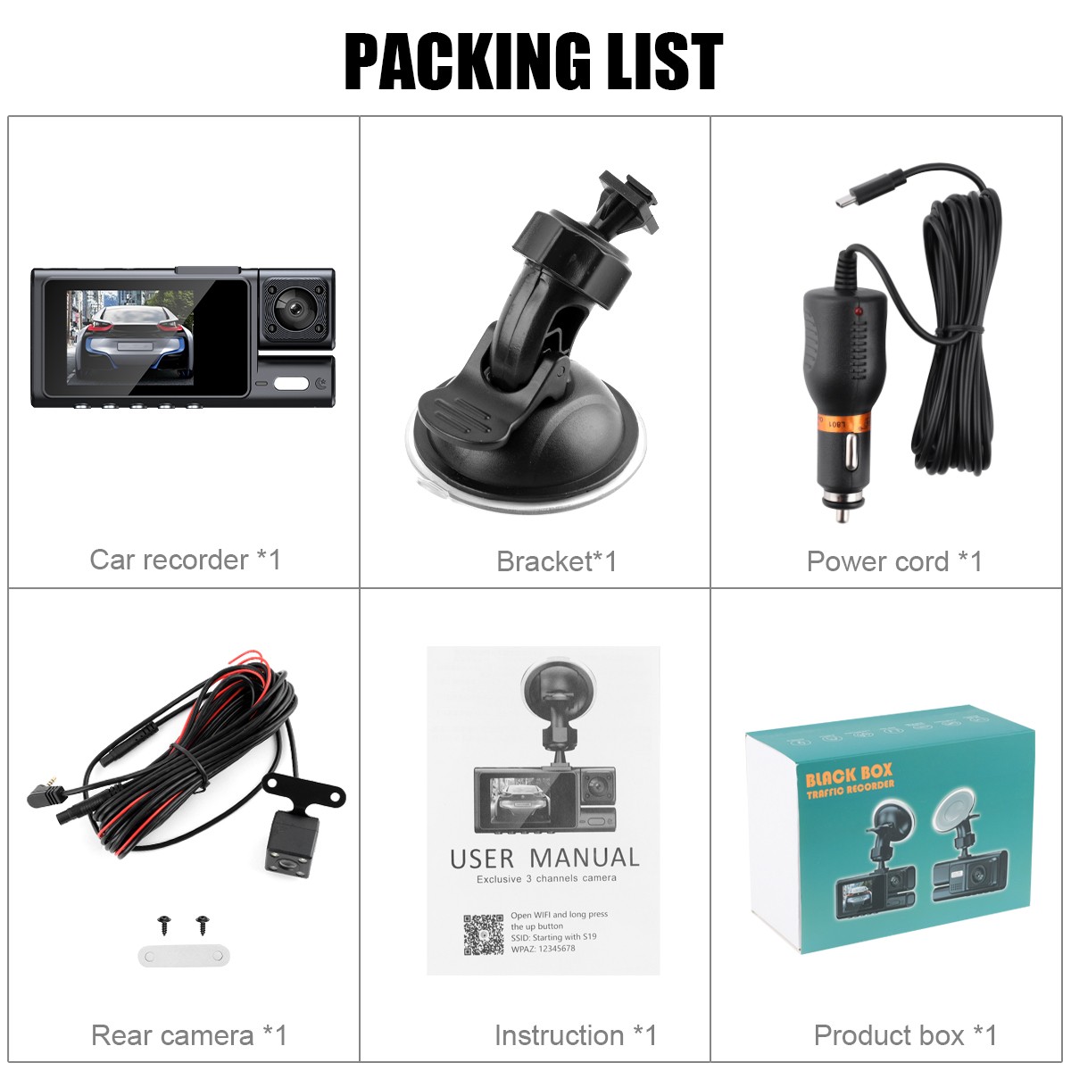 Car Dual Lens Dash Cam 1080P DVR Recorder Front,Rear,Inside Camera Night Vision