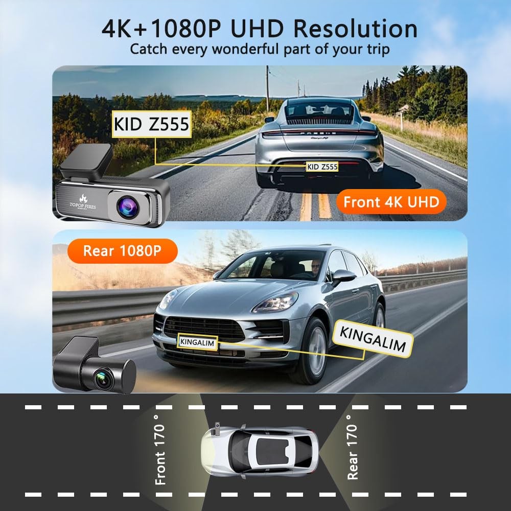 Dash Cam Front and Rear 4K 60fps 1080P Dual Lens WiFi Night Vision 64GB