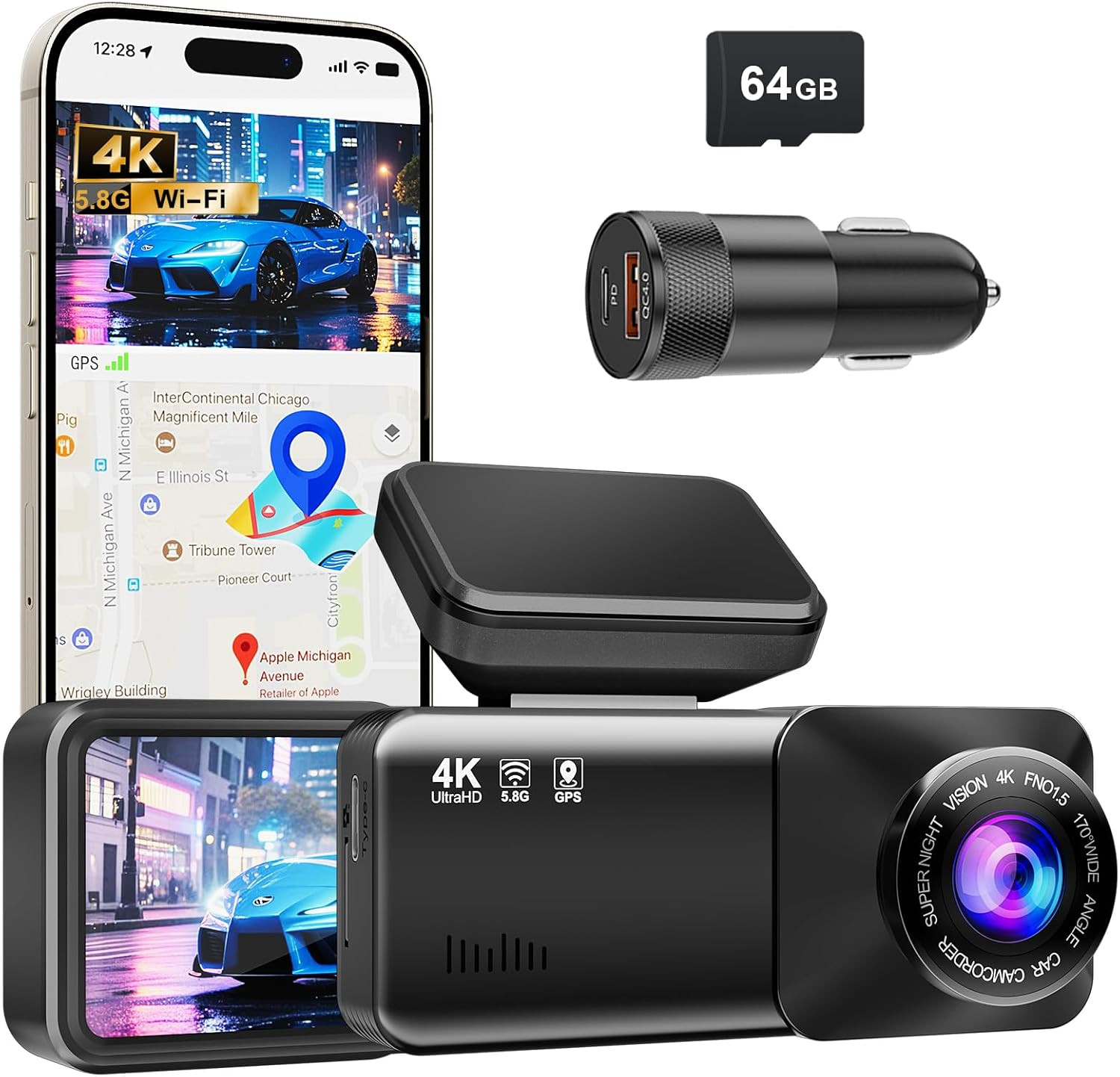 4K Dash Cam Front, Built-In 5.8G Wifi, Free 64GB Card & 48W A+C Car Charger Incl