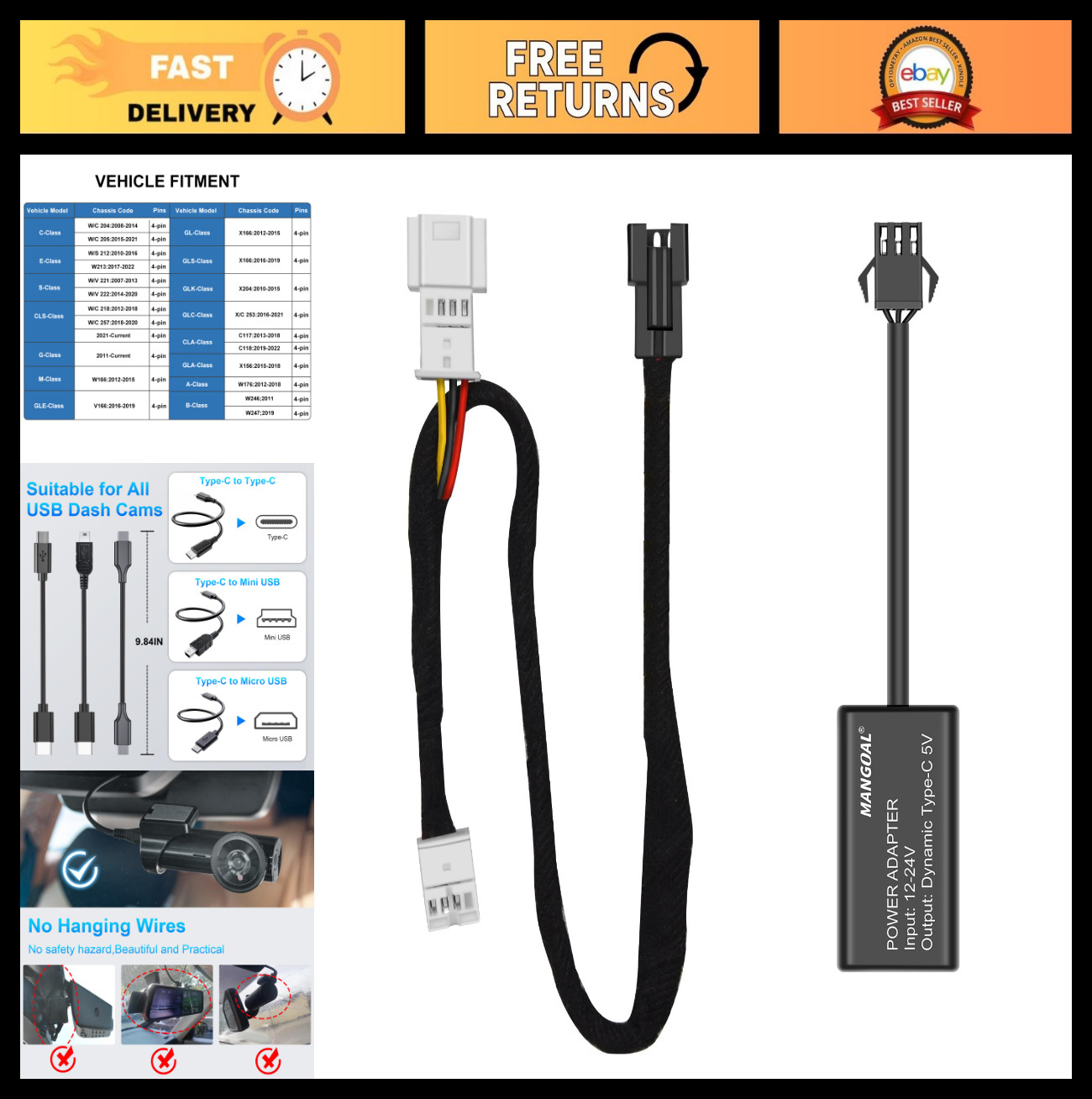 Dash Cam Power Adapter for Mercedes – 4-Pin Rain Sensor Hidden Cable Kit, Plug &