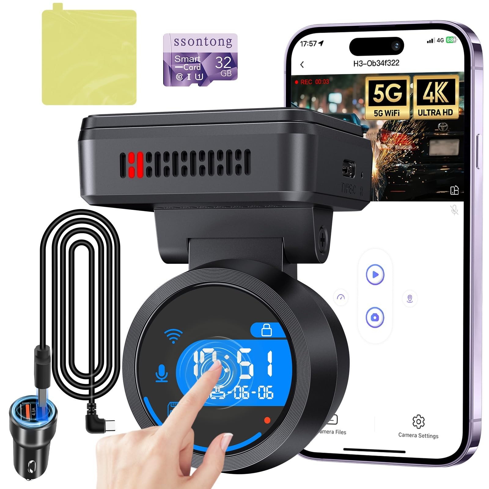 4K Front Dash Cam for Cars, WiFi & APP Control, 170° Wide Angle, Night Vision, G