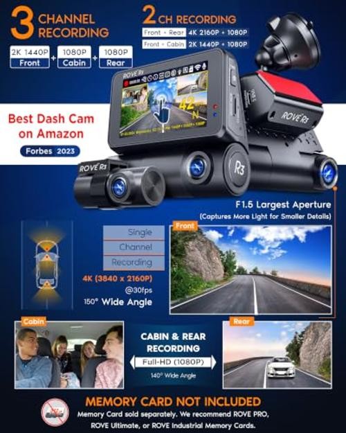 R3 Dash Cam Front and Rear with Cabin, 3” IPS Touch Screen, 3 Channel Dash