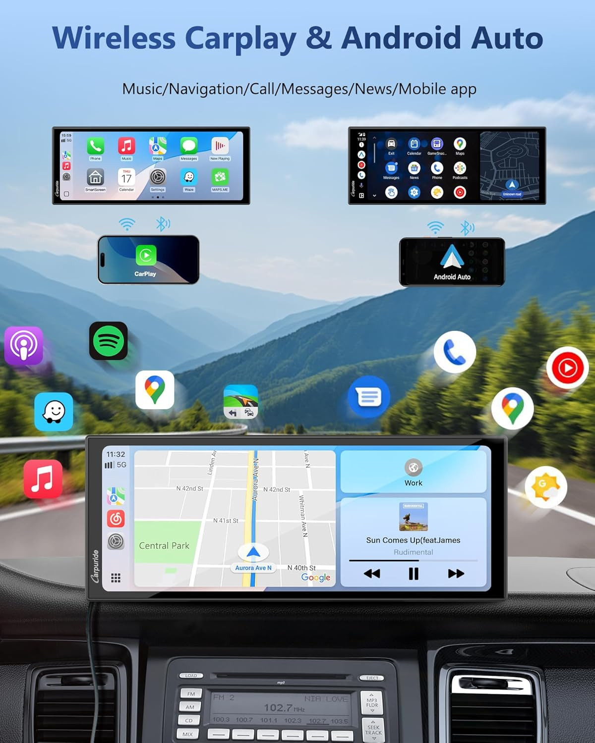 Carplay Screen for Car with 4K Dash Cam & 1080P Backup Camera 11.26″ Portable Ca
