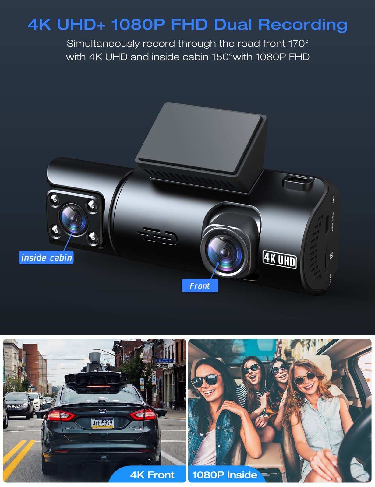 4K GPS Dual Lens Dash Cam WiFi 1080P Front+Inside Car Camera Driving Recorder