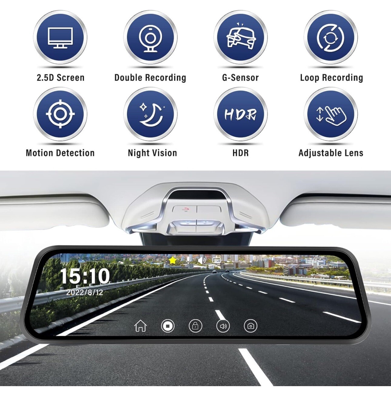 CAMECHO Touch Screen Rearview Mirror Dash Cam 9.66in 1080P Dual Front and Rear