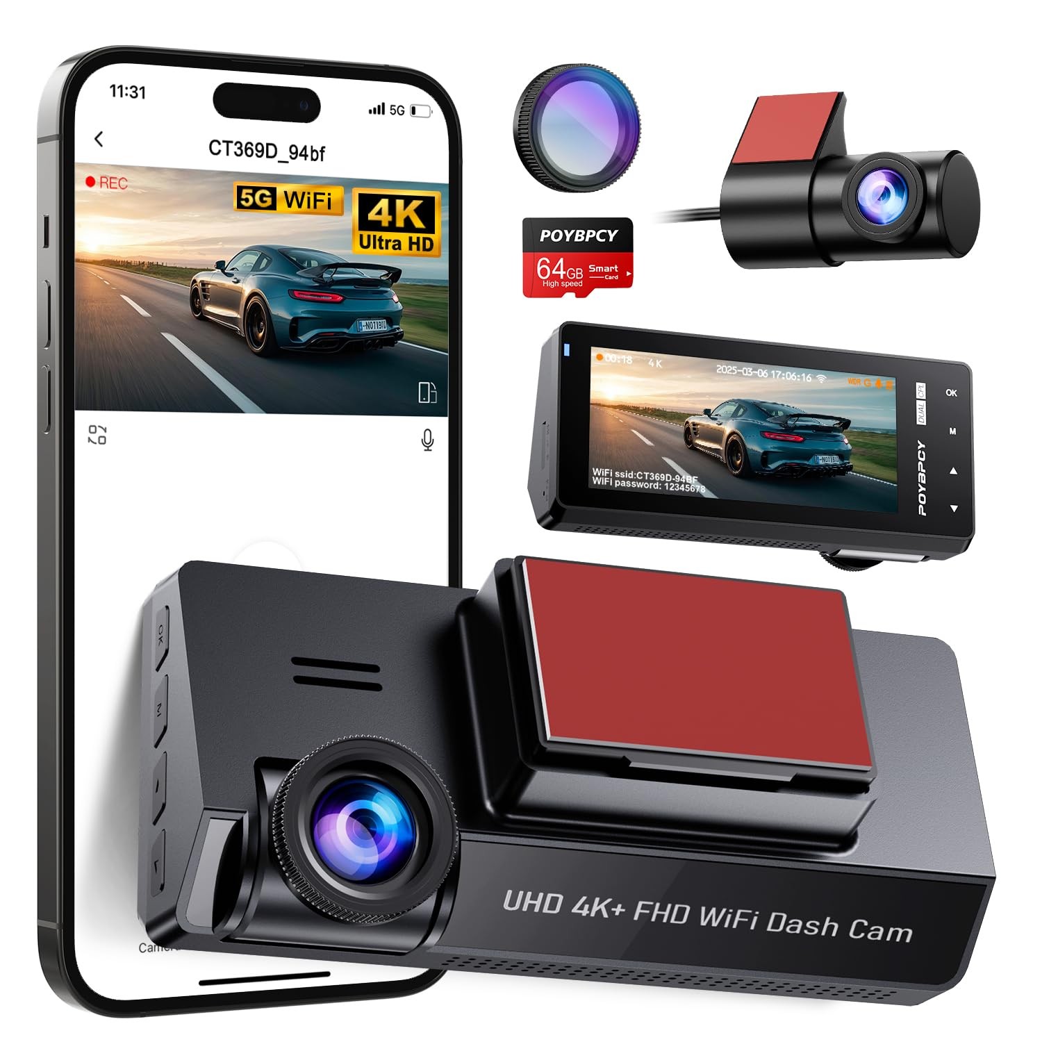 Dash Cam Front and Rear 5GHz WiFi Dashcam with CPL, 4K+1080P Dual Dash Camera…
