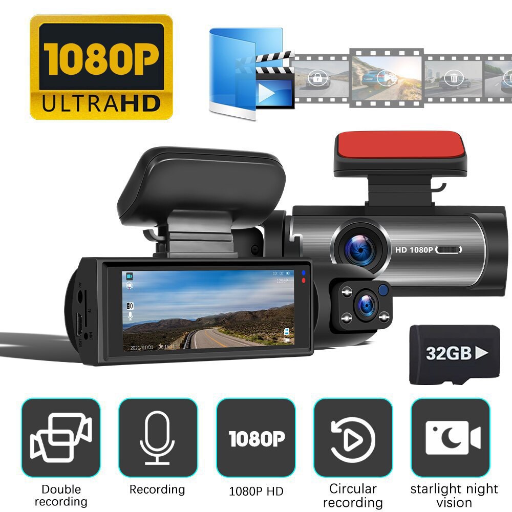 32GB+ Cars Dual Dash Camera Front and Inside DVR Dash Cam G-Sensor Night Vision