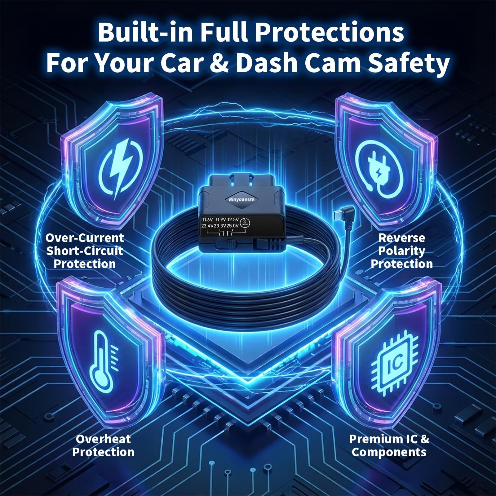 OBD2 Dash Cam Hardwire Kit USB-C, Plug & Play, LED Display, Low Volt Protection,