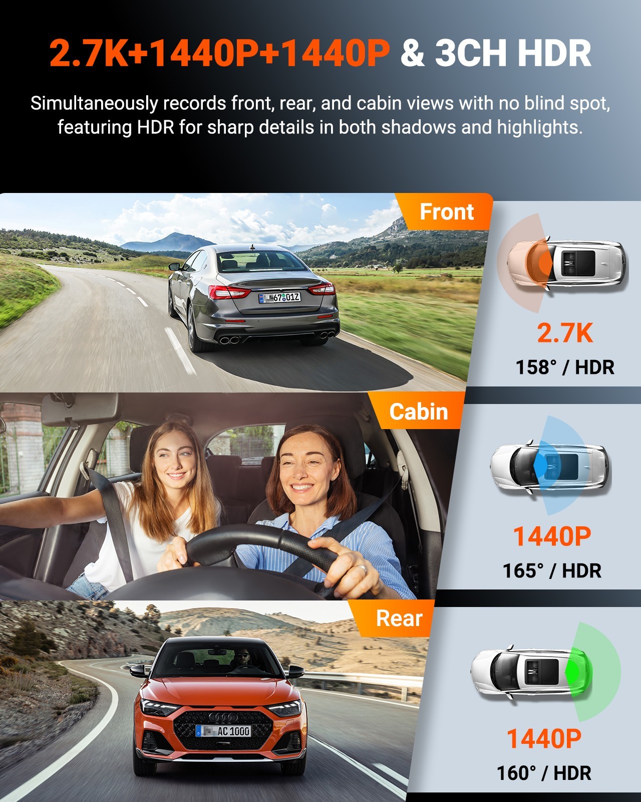 Vantrue N4S DashCam 3 Channel WiFi STARVIS 2 2.7K+1440P+1440 HDR IR Night Vision