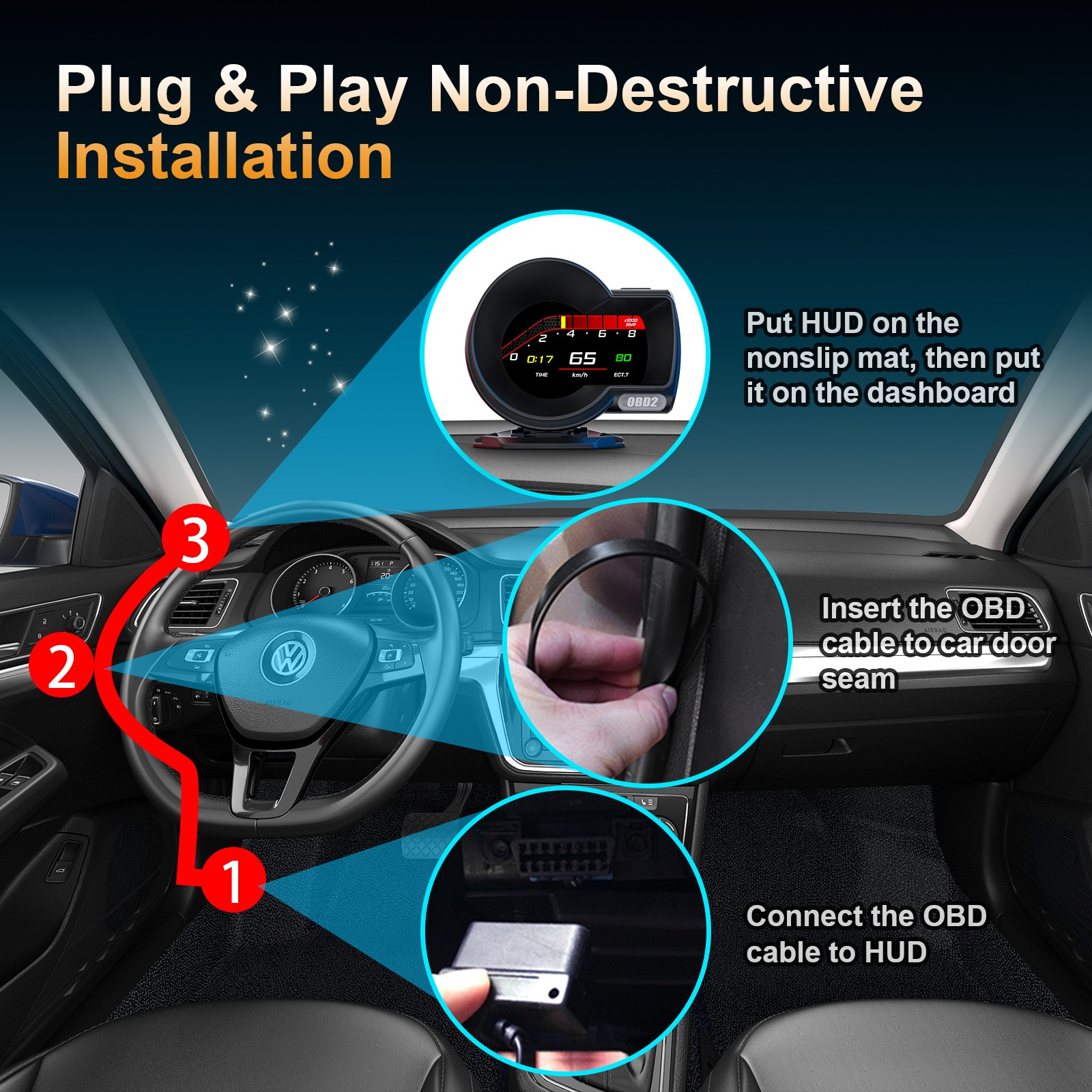 OBD-II HUD Head Up Display Car Alarm System For RPM Speedometer Features