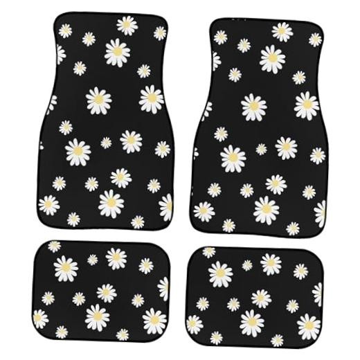 Cute Floral Pattern Car Floor Mats Abstract White Daisy Flowers on White Black